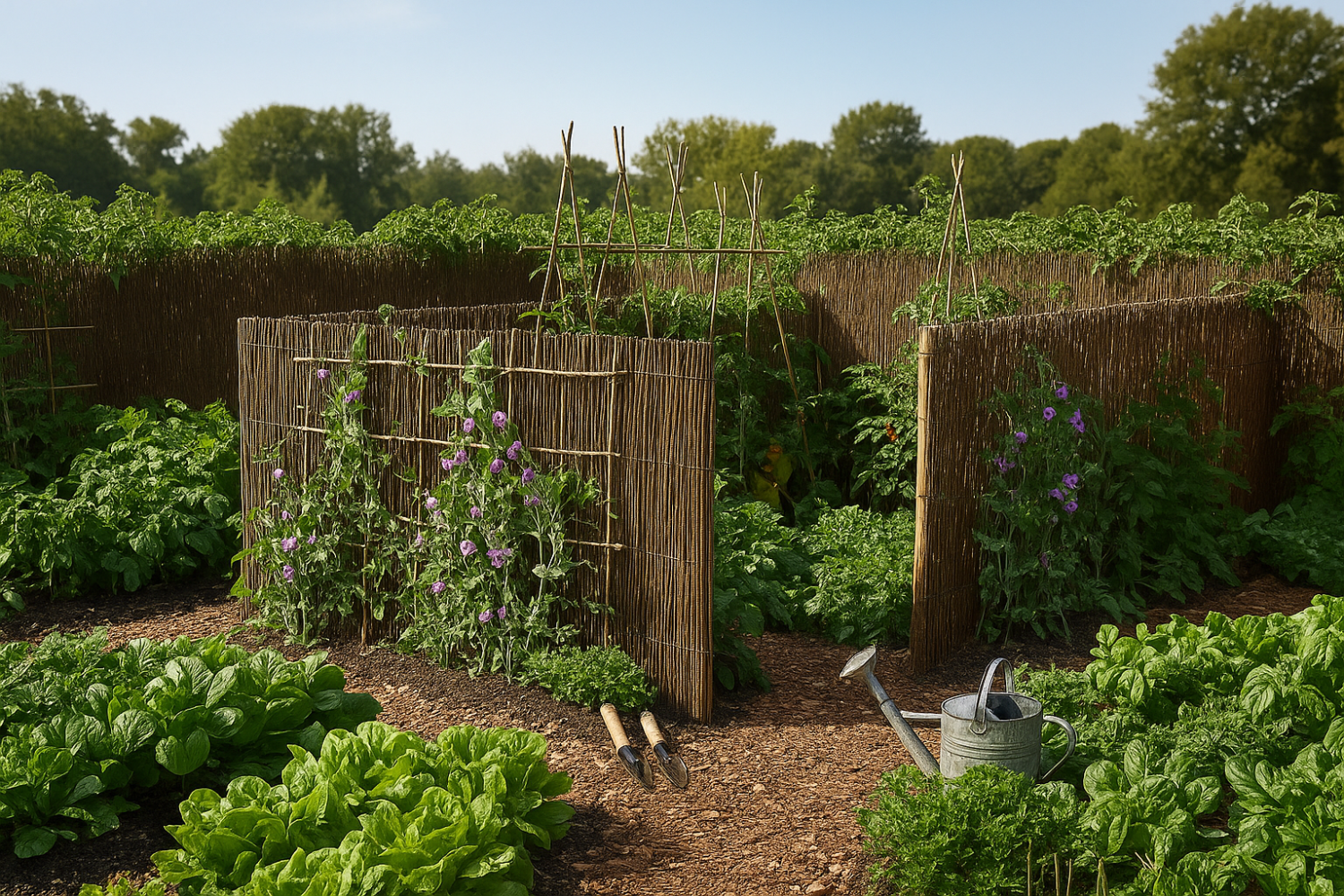 Wilgenmatten als decoratieve tuinafscheiding in een moestuin